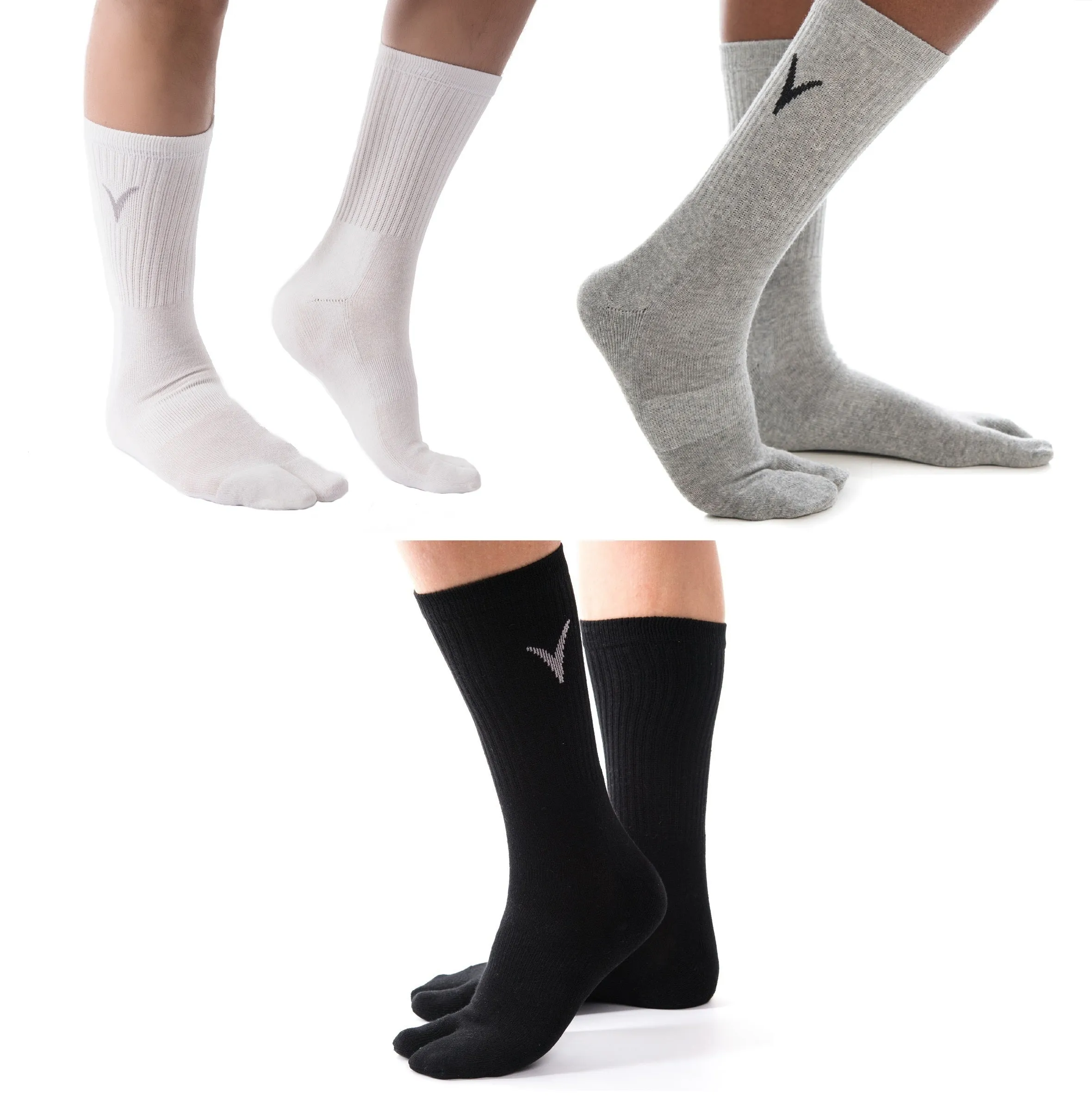 3 Pairs Athletic -  V-Toe Flip Flop Tabi Big Toe Crew Sports Or Casual Black Solid Socks