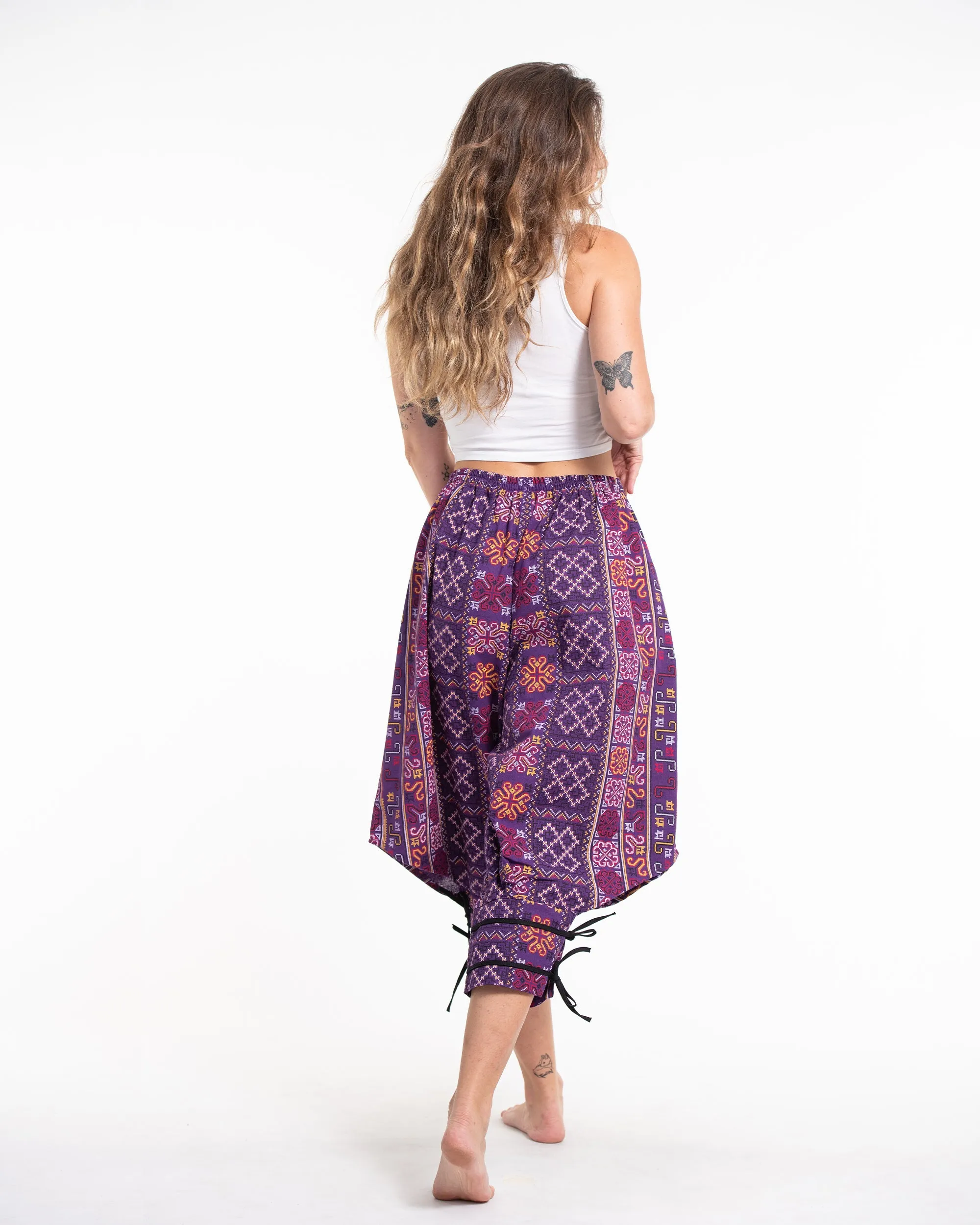 Clovers Thai Hill Tribe Fabric Women's Harem Pants with Ankle Straps in Violet