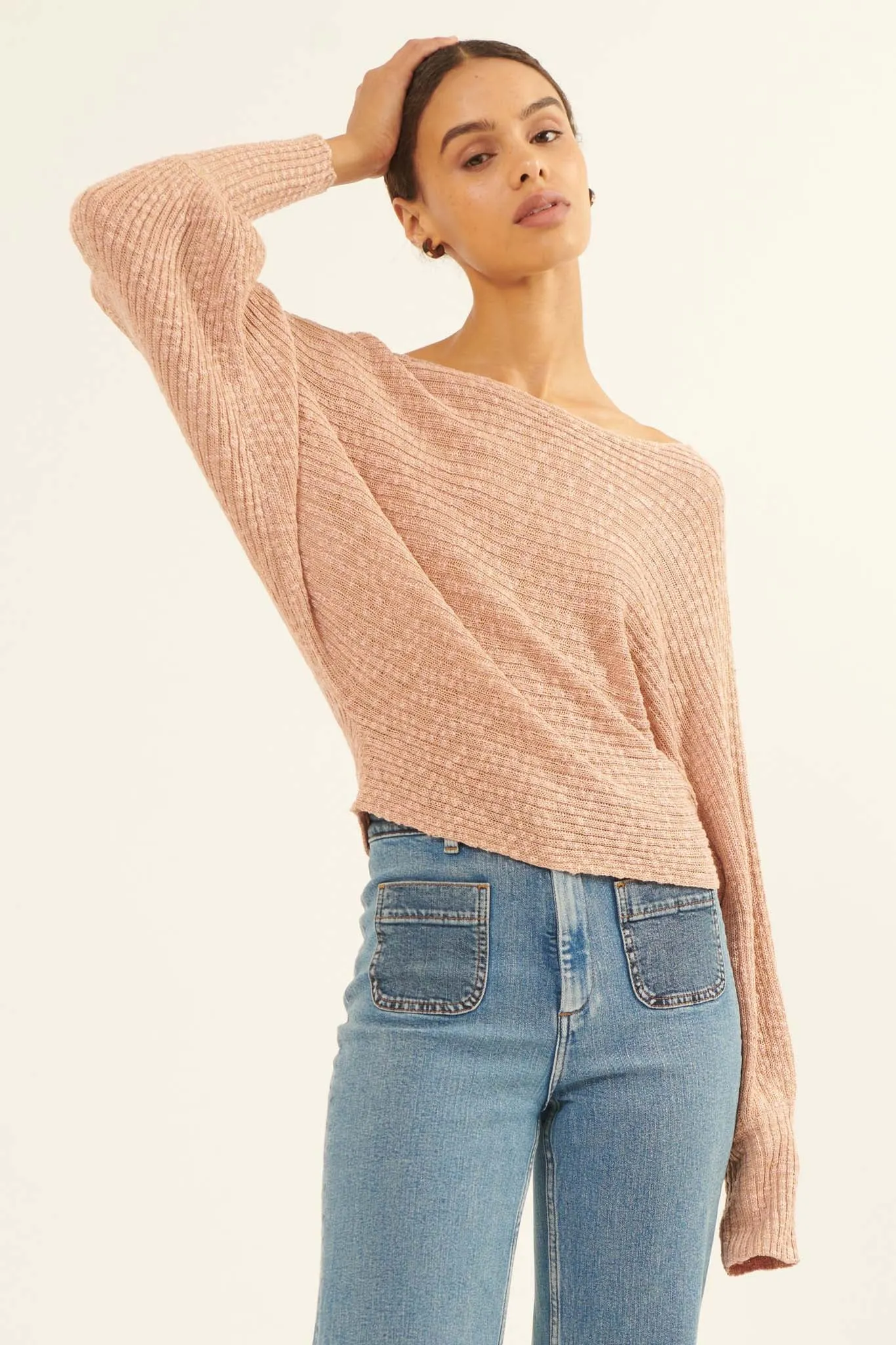 Easy Grace Textured Rib-Knit Boat Neck Sweater