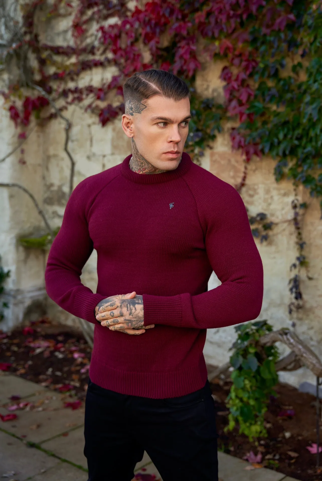 Father Sons Burgundy Knitted Raglan Crew Super Slim Sweater With Metal Decal - FSJ055