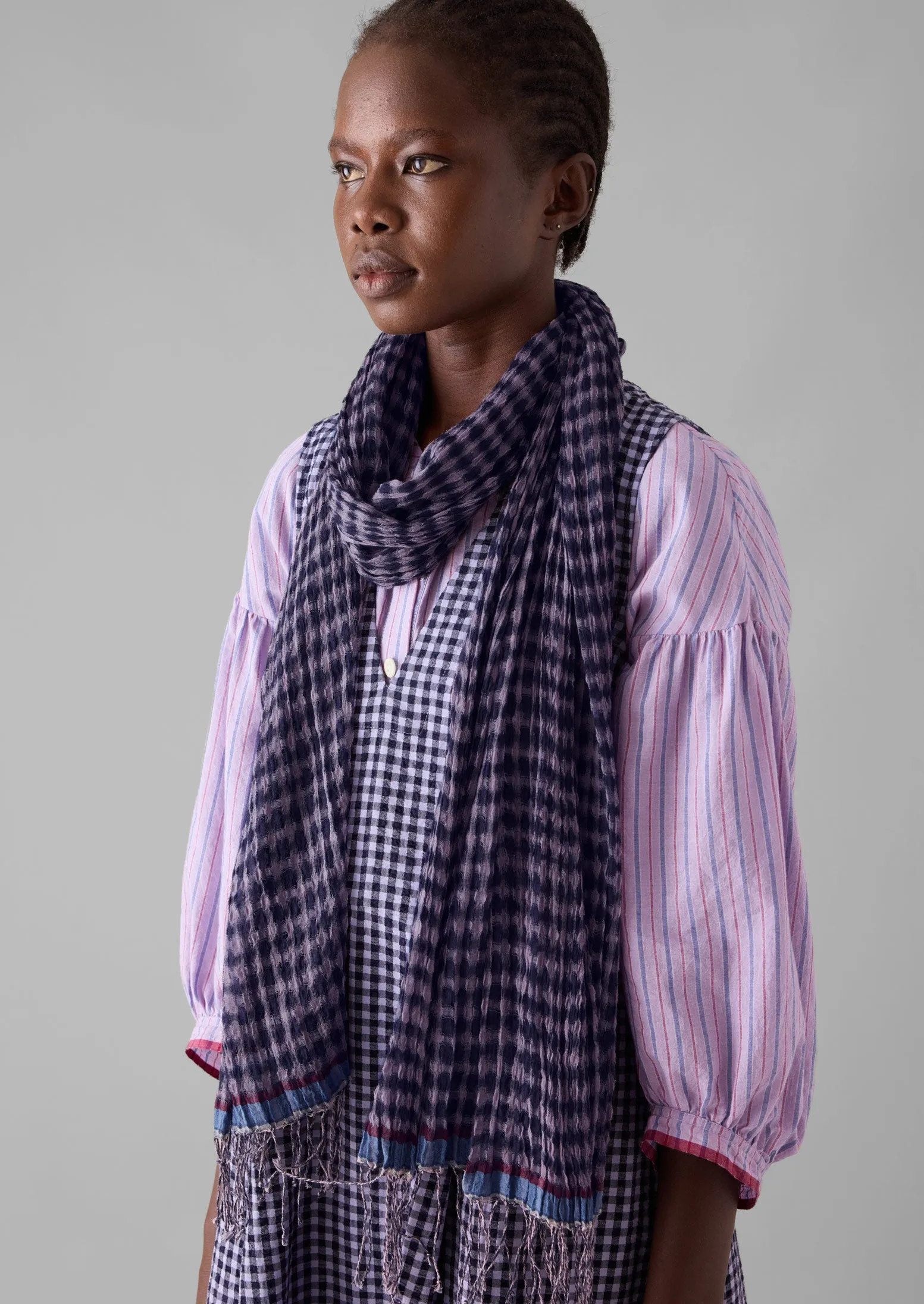 Gingham Hand Woven Scarf | Navy/Lilac