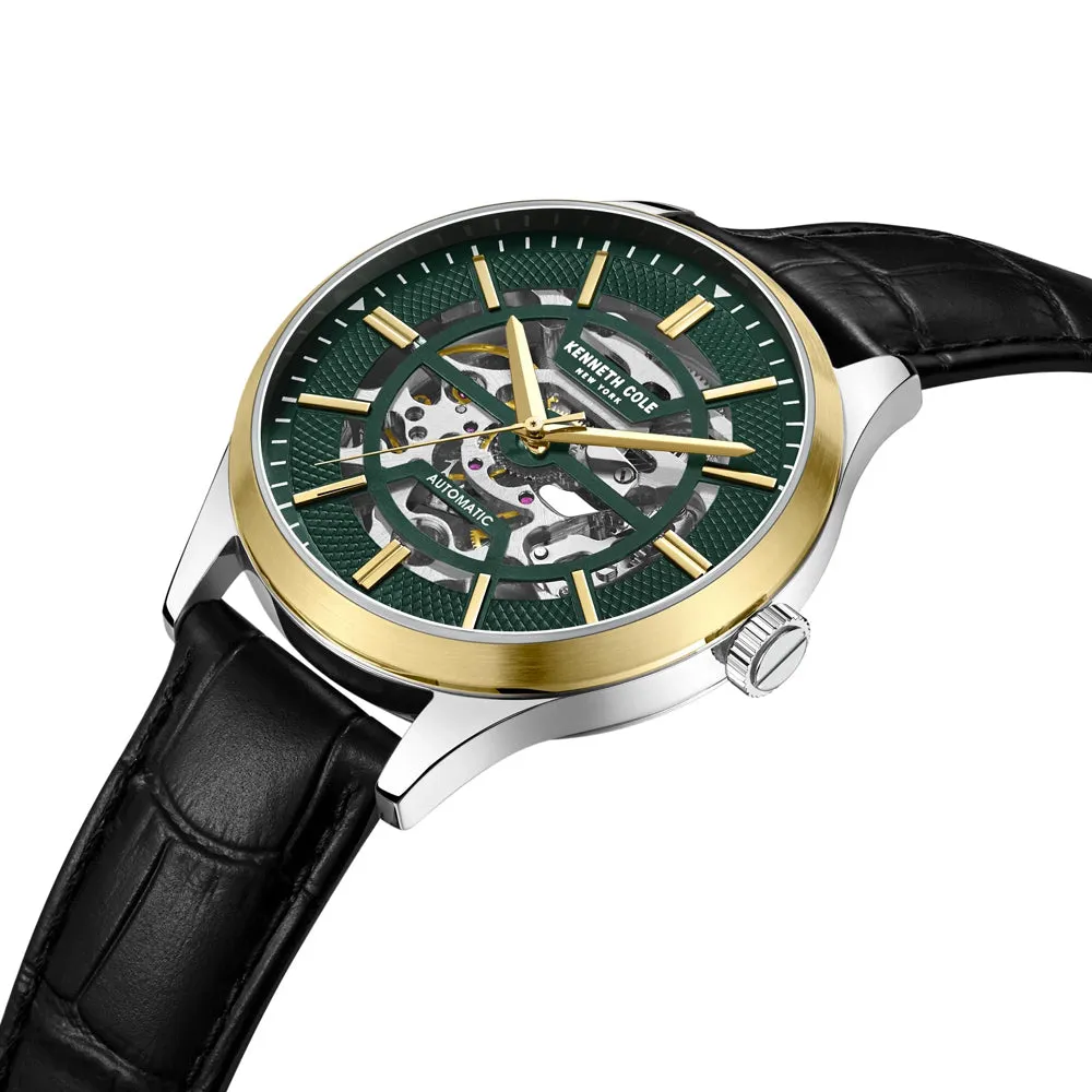 Kenneth Cole Leather Strap Automatic Skeleton Green Dial Men Watch KCWGE2220402