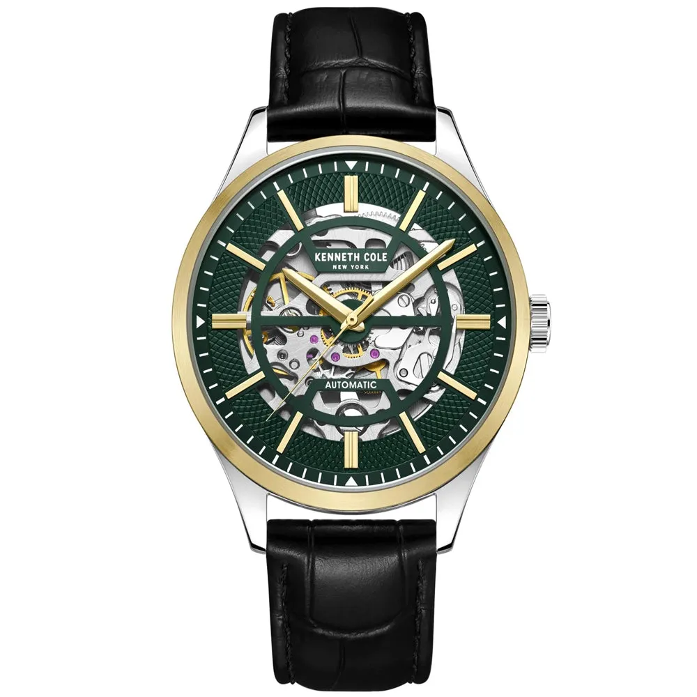 Kenneth Cole Leather Strap Automatic Skeleton Green Dial Men Watch KCWGE2220402