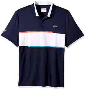 LACOSTE MEN'S T1 CHEST STRIPE ULTRADRY PIQUE KNIT, NAVY BLUE/WHITE-ETNA RED-OCEANIE, 5