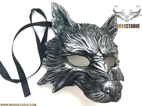 Masquerade ball mask WOLF Mask Wear or Wall Deco Black Silver