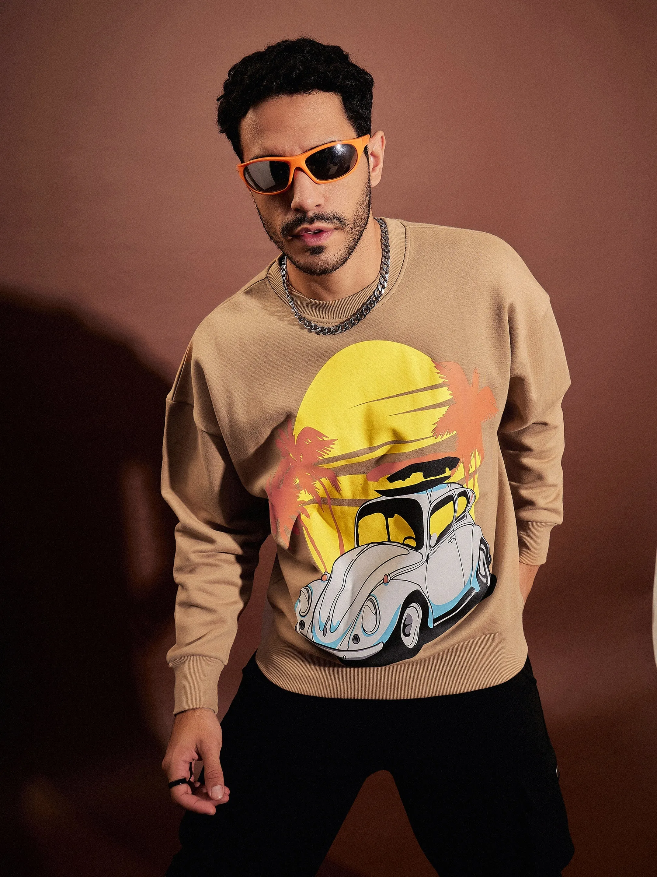 Men Beige CAR Oversized Sweatshirt