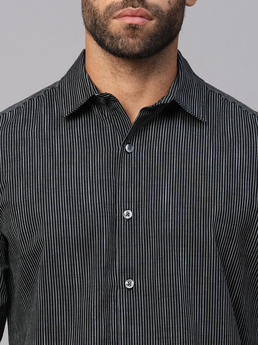 Men's Navy/White Cotton Slim Fit Striped Shirt